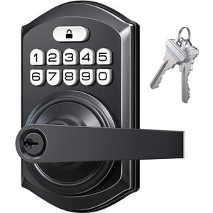 TEEHO TE004 Keyless Entry Keypad Door Lock with Handle - Front Digital Door Electronic Deadbolt with Anti-Peeping, Auto Lock & Passage Mode - Easy Installation - Matte Black