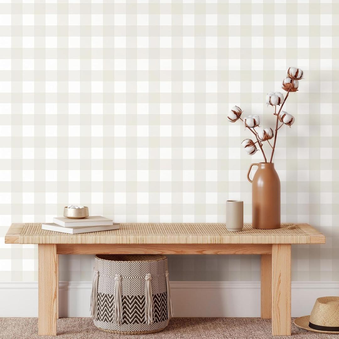 Cohoo Home Plaid Peel and Stick Wallpaper Boho Plaid Contact Paper for Cabinets Checkered Neutral Contact Paper Self Adhesive Removable Wallpaper for Bathroom Nursery Waterproof 17.3inW 78.7inL