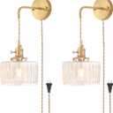 Shenmoyl Vintage Wall Sconce with Clear Striped Glass Shade Hanging Wall Sconce with 4.9FT Plug in Cord, Modern Wall Lamp Fixtures Decor for Bedside Bedroom Indoor Doorway, Set of 2