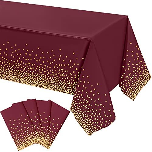 Tegeme 4 Packs Burgundy and Gold Plastic Table Cloths for Parties Disposable Maroon Ramadan Mubarak Tablecloths Decoration with Gold Stamping Dot 108 x 54'' for Birthday Graduation Ramadan Party