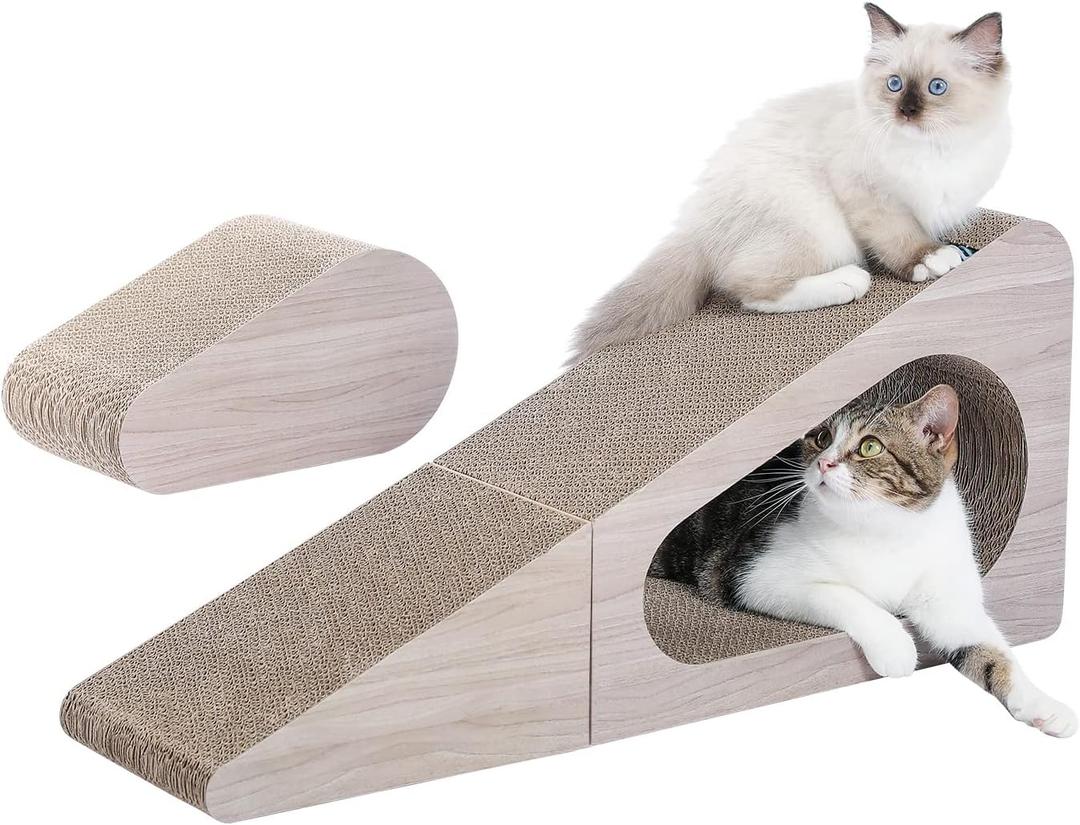 PAWZ Road Cat Scratcher, Triangle Cardboard Cat Scratcher 28.3 Large Scratch Pad 2 in 1 Cat Tunnel Scratcher with Interactive Toy Balls for Indoor Cats
