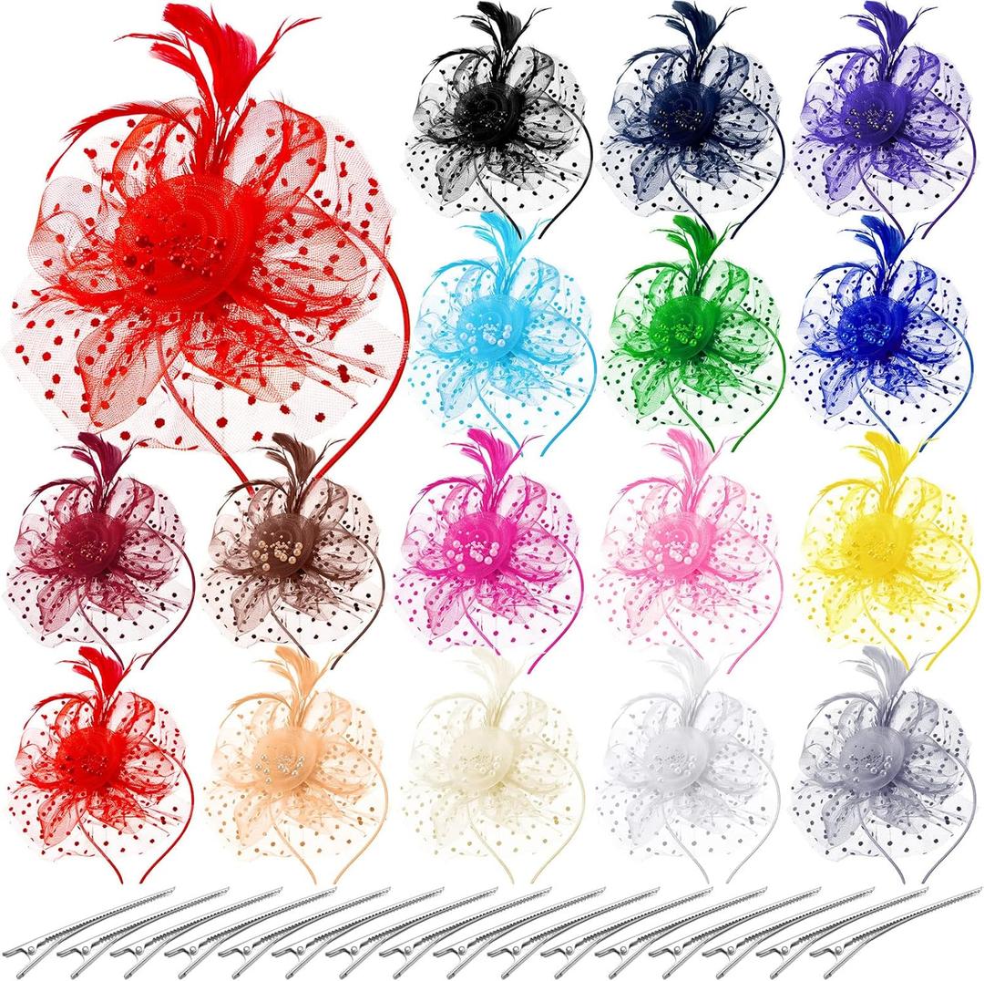 Tarpop 16 Pcs Fascinators Hat for Women Tea Party Hat Flower Mesh Fascinators Wedding Feather Headband Cocktail Hair Clip (Mixed Colors)