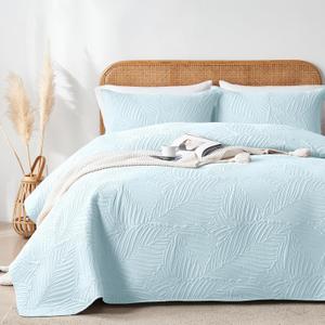 OARAGE Queen Quilt Bedding Set Soft Lightweight Aqua Blue Bedspread with Leaf Pattern,Ultrasonic Microfiber Bed Coverlet Full Size for All Season (1 Quilt, 2 Shams) (Full/Queen(90"x 96"))