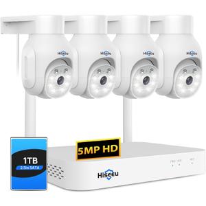 Hiseeu 5MP Wireless PTZ Security Camera System, Indoor Outdoor IP66 Waterproof WiFi Camera, 4K 10CH NVR, 2-Way Audio, Motion Detection Alarm, 24/7 Surveillance, 1TB Hard Drive (Plug-in Power Supply)