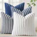 decorUhome Set of 4 Faux Fur Throw Pillow Covers 18x18 Inch Decorative Farmhouse Modern Soft Plush Striped Couch Pillow Covers with Velvet Back for Sofa, Bed, Living Room, Blue/Grey