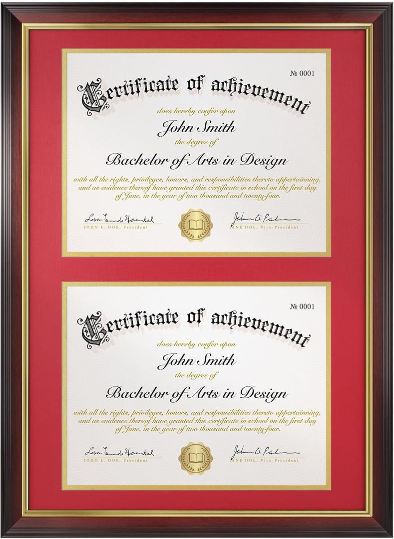 Double Diploma Frame 14x20, Display Two 8.5x11 Degree, Certificates, Documents, Tempered Glass with Acid-Free Red over Gold Mat, Dual Diploma Frame for Graduation, Mahogany with Gold Trim