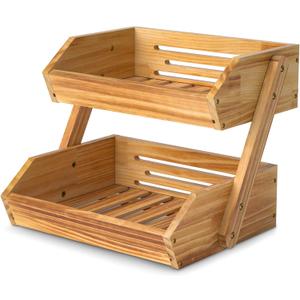 2 Tier Wooden Fruit Basket For Kitchen, Bread Vegetable Fruit Basket Bowl Stand, Farmhouse Fruit Bowl for Countertop, Large