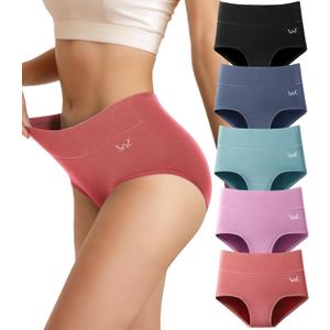 Saliryj Women's Cotton Underwear High Waisted Underwear Soft Briefs Full Coverage Ladies Panties 5 Pack(Regular & Plus Size) (Multicolor-5pcs-g2)