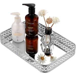 ELLDOO Perfume Mirror Tray Vanity Makeup Hollow-Carved Jewelry Organizer Glass Metal Trinket Storage Tray Home Decor Organizer for Dresser Bathroom Countertop, Silver, Medium Size (11.8" x 7.9" x 2")