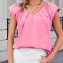 Tankaneo Womens Cap Ruffle Sleeve Tops V Neck Pleated Cotton Blouses | Loose Fit, Summer Dressy Casual, Cotton Shirts (Pink, L)