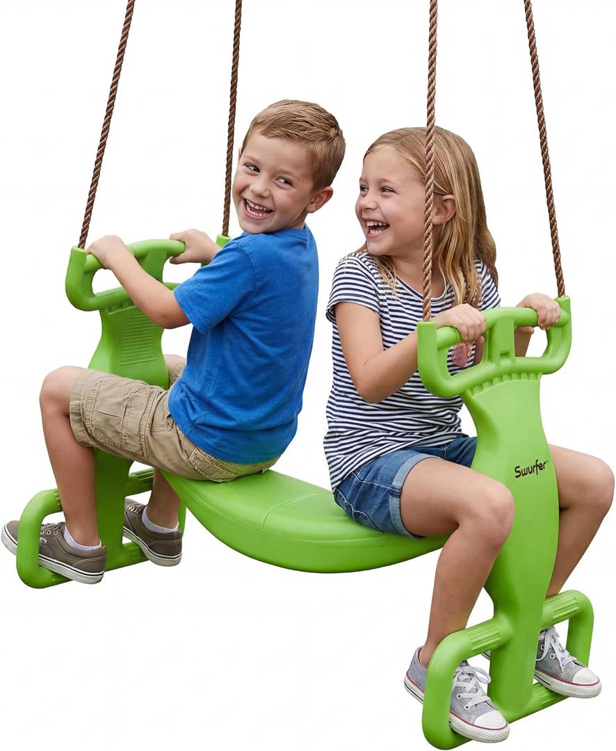 Swurfer Glider Swing for Kids - Outdoor Dual Swingset for Backyard Playset, Back-to-Back Swingset Accessories, Kids Outdoor Play Equipment, Heavy Duty, Easy Install, Up to 150lbs, Age 3+, Green/Brown