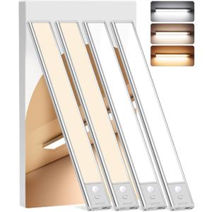 Under Cabinet Lighting Wireless, 4 Pack Motion Sensor Light Indoor with 3 Color Temps, Dimmable Closet Lights Battery Operated, LED Magnetic Light, Rechargeable Under Counter Lights for Kitchen Stairs