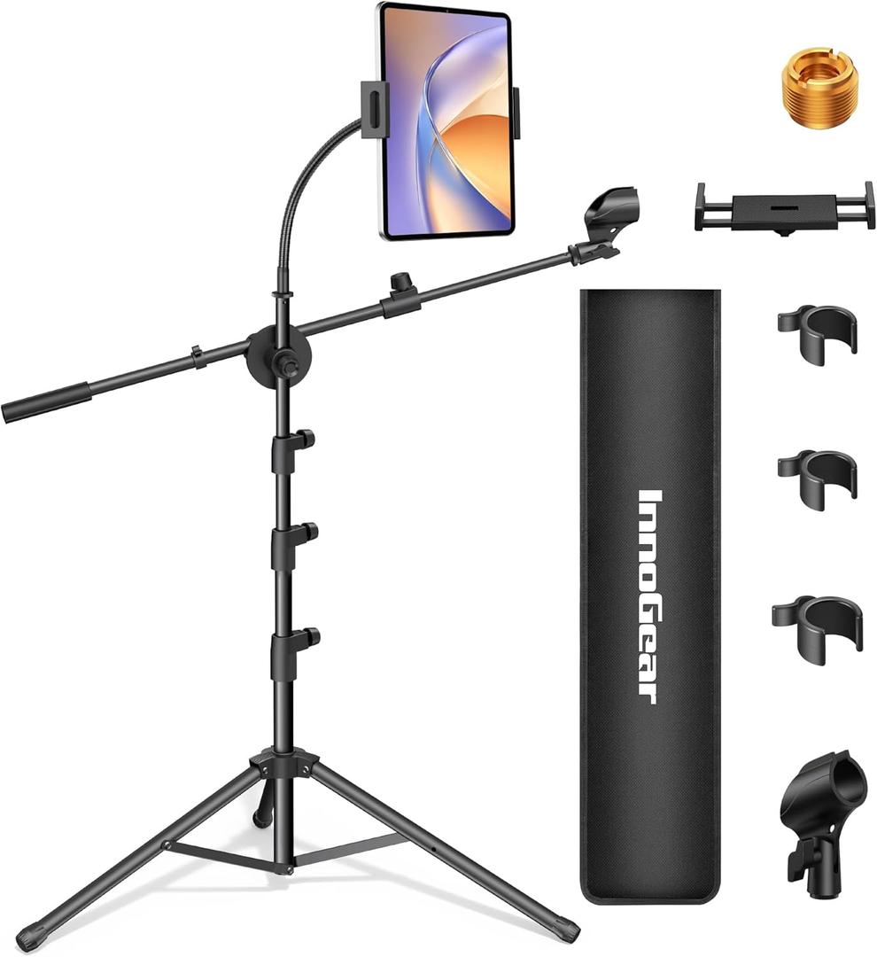 InnoGear Mic Stand, 6 in 1 Microphone Stand Floor with Tablet Phone Holder Height Adjustable from 30" to 72" Mic Stand Tripod Boom Arm with Gooseneck Carrying Bag for Singing Karaoke Stage