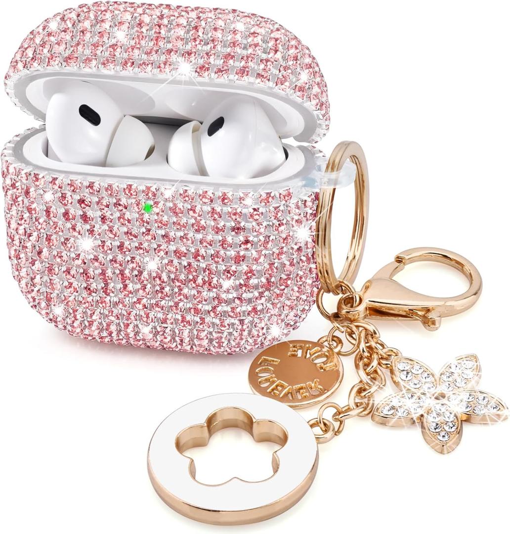 Case for Apple Airpods Pro 3 Case Cover 2025, VISOOM Bling Jewerly Airpods iPods Pro3 Cases Cute Glitter Diamond Airpod iPod Pro3 Cases Rhinestone AirPods iPods Pro 3rd Gen Cas with Keychain for Women (J-Sakura Pink)