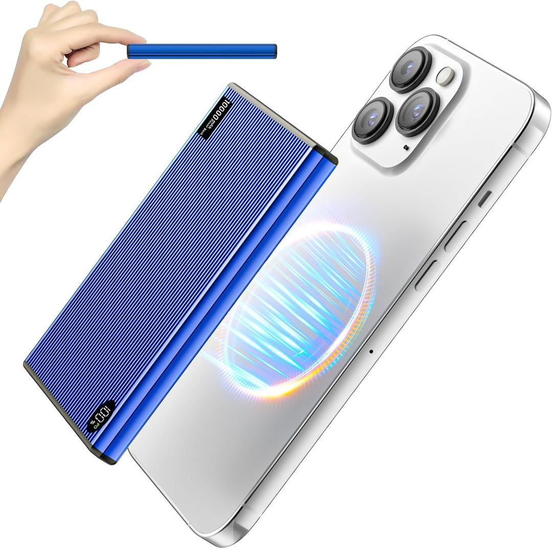 Portable Charger Power Bank, 10,000mAh Wireless Battery Pack, 20W Fast Charging with USB-C Cable, Charge Card Phone Charger Compatible with iPhone 16/15/14/13/12, Samsung (7.9mm-Blue)