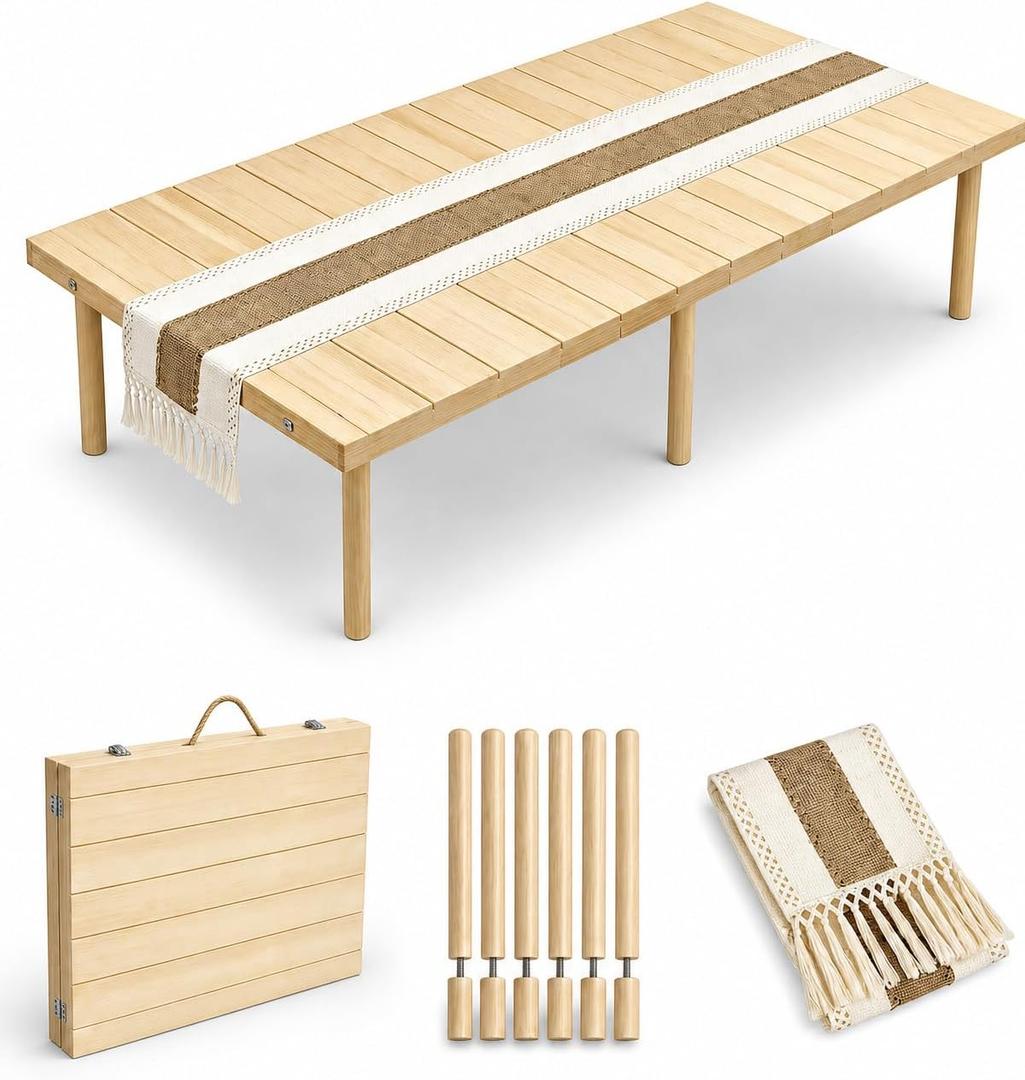 Folding Picnic Table, 60 x 30 in Portable Solid Wood Boho Low Picnic Table