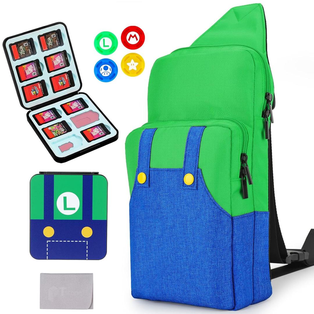 Owngen Travel Bag for Nintendo Switch/Lite/OLED, for Super Luigi Portable Gaming Sling Chest Shoulder Crossbody Carrying Accessories Storage Backpack with Cute Game Card Case, 4 Thumb Grip Caps (Blue)