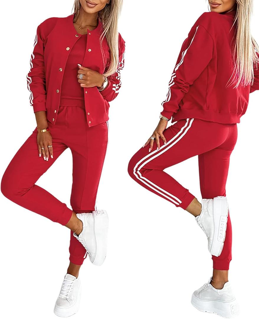 CHICME Women's Three Piece Outfits Striped Tape Patch Tank Tops Bomber Jacket with Sporty Pants Tracksuit Lounge Sets XL