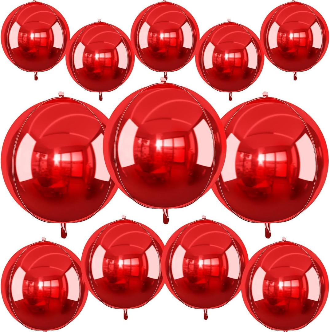 12Pcs Red Round Foil Balloons, 22" 15" 10" 4D Ball Balloons, Metallic Red Foil Balloon for Wedding Birthday Graduation Christmas New Year Party Decoration Supplies Backdrops