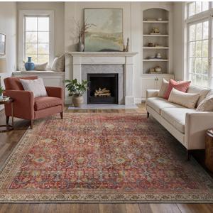 BESBLEE 8X10 Area Rugs Machine Washable Rugs for Living Room, Vintage Boho Large Rugs for Bedroom Dining Room, Non Slip Indoor Soft Distressed Lightweight Thin Low Pile Carpet, Rust Red