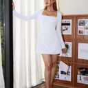 DAAWENXI Women's Casual Square Neck Mini Dress Long Sleeve A line Party Club Short Dress (White, M)