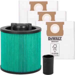 DEWALT Shop Vac HEPA Filter Replacement, 3-Pack Dust Bags & Tool Adapter