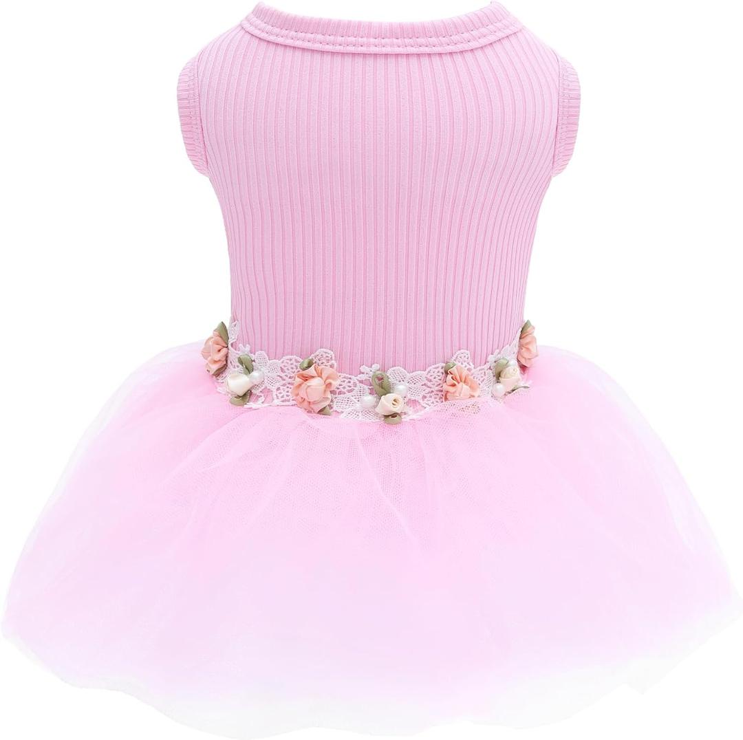 CuteBone Pink Tulle Skirt Dog Wedding Bridesmaid Dress for Puppy with Lace Trim at Waist - Comfortable, Stylish, and Perfect for Special Occasions HBQ01M, Medium, Pink