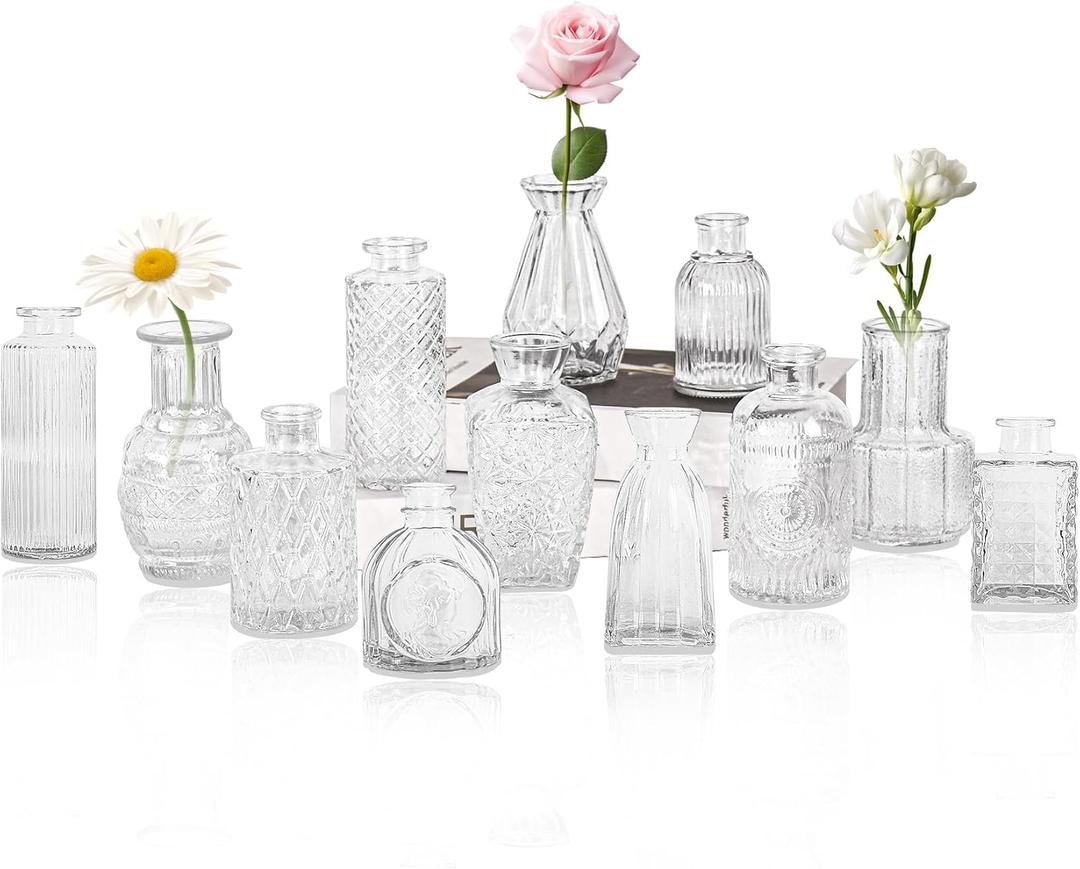 Set of 12 Glass Bud Vase Set, Small Vintage Clear Flower Vase Centerpieces for Table Bulk Cute Rustic Style Mini Vase for Home Decor Wedding Baby Shower Birthday Party