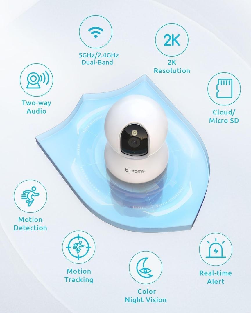 blurams Cameras for Home Security, 2K Pet Camera with Phone App, 360° PTZ Indoor Cameras, 2-Way Talk, Motion Tracking, Color/IR Night Vision, Cloud&SD, Works with Alexa (, 5GHz/2.4GHz Dual-Band)