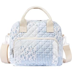 Quilted Lunch Box for Women, Large Blue Floral Insulated Lunch Bag for Adult, Cute Lunch Tote Bags for Work Picnic Travel (green blue M)