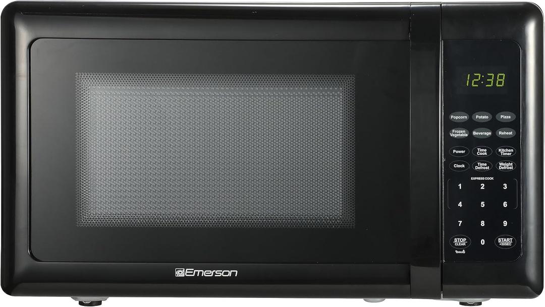 Emerson MW7302B Compact Countertop Microwave Oven with Touch Control, LED Display, 700W, 10 Power Levels, 6 Auto Menus, Glass Turntable and Child Safe Lock, 0.7 Cu., Ft. Black