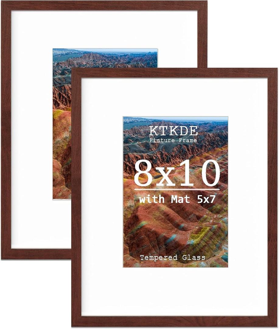 KTKDE 8x10 Picture frame Set of 2,Wine red Wooden Photo Frame 5x7mat or 8x10 Without Mat,Tempered Glass,10 by 8 Studio Gallery frames for Wall or Tabletop Family Friends Wedding Gift ideal gift (2pcs-Walnut Woodgrain)