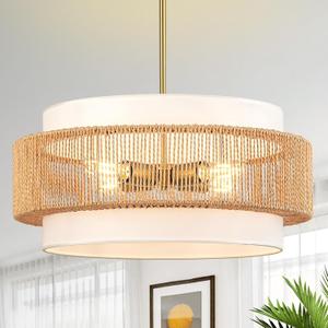 Boho Rattan Chandelier, 19.7" Large Boho Pendant Light with Fabric Lampshade, 4-Light Rattan Light Fixture Ceiling Hanging for Dining Room, Living Room, Bedroom, Kitchen Island, Hallway, Foyer, 19.7" Straight weaving