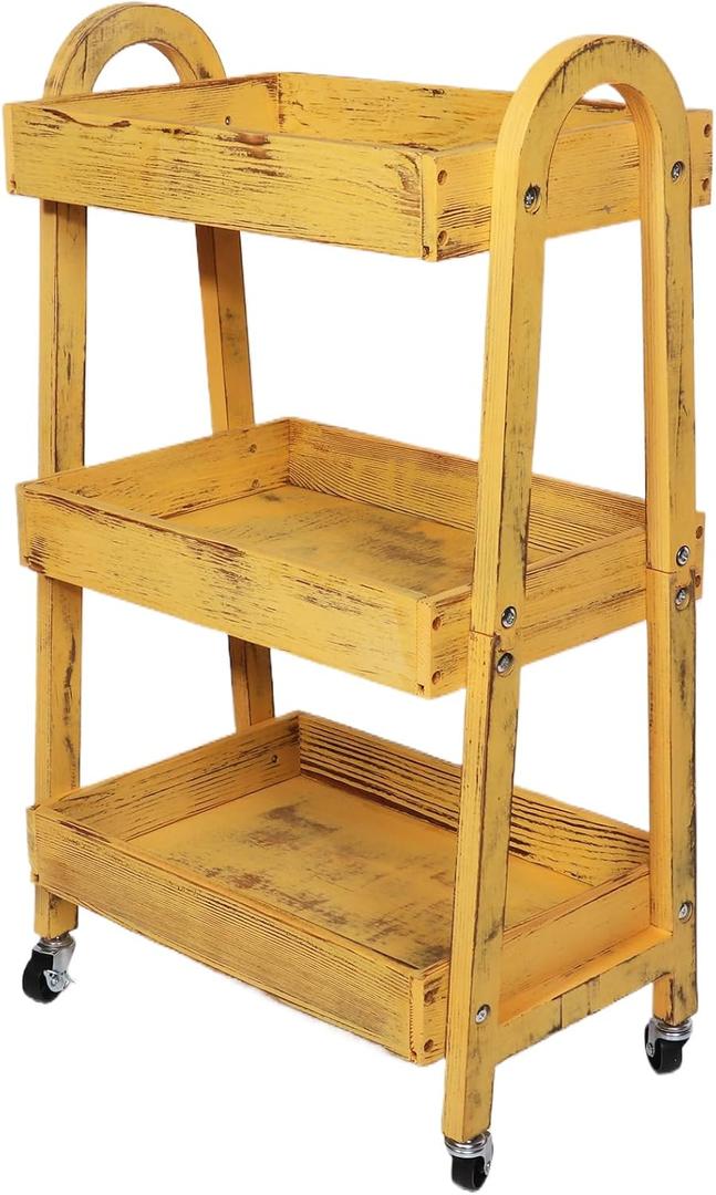 3-Tier Wooden Rolling Cart- Wooden Utility Cart wit Wheels- Utility Rolling Cart-Storage Trolley Organizer- Rolling Kitchen Serving Cart for Office,Kitchen, Kids' Room (Retro Yellow)