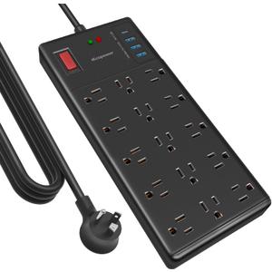 Surge Protector Power Strip 10 ft cord-15 Widely Spaced Outlets and 4 USB Ports(1 USB C Port),14 AWG Extension Cord,1875W/15A Heavy Duty Power Strip Surge Protector 10 ft Cord,2800J,Black
