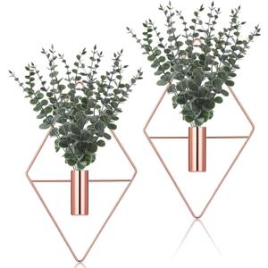 Jexine 4 Pcs Hanging Planters with Artificial Eucalyptus Metal Hanging Vase Indoor Plants Holder Modern Geometric Boho Bathroom Wall Decor for Living Room Home Office (Eucalyptus,Rose Gold)