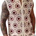 Men's Floral Crochet Shirts Hollow Out Button Down Sleeveless Knit Top Summer Beach Vacation Cruise Shirts (S)