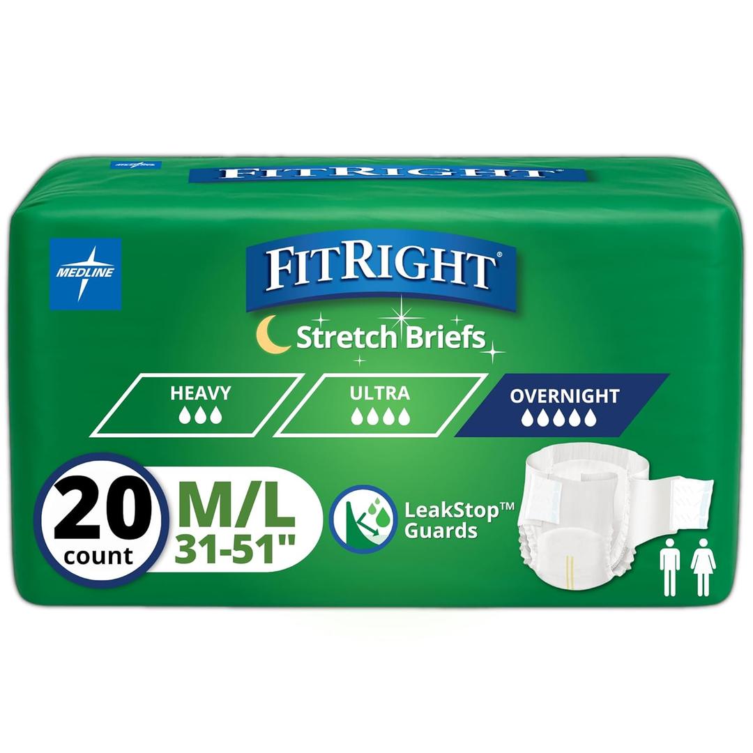 Medline FitRight Extended Wear Stretch Briefs, Overnight Adult Diapers with Tabs, Size 1 (Bag of 20)