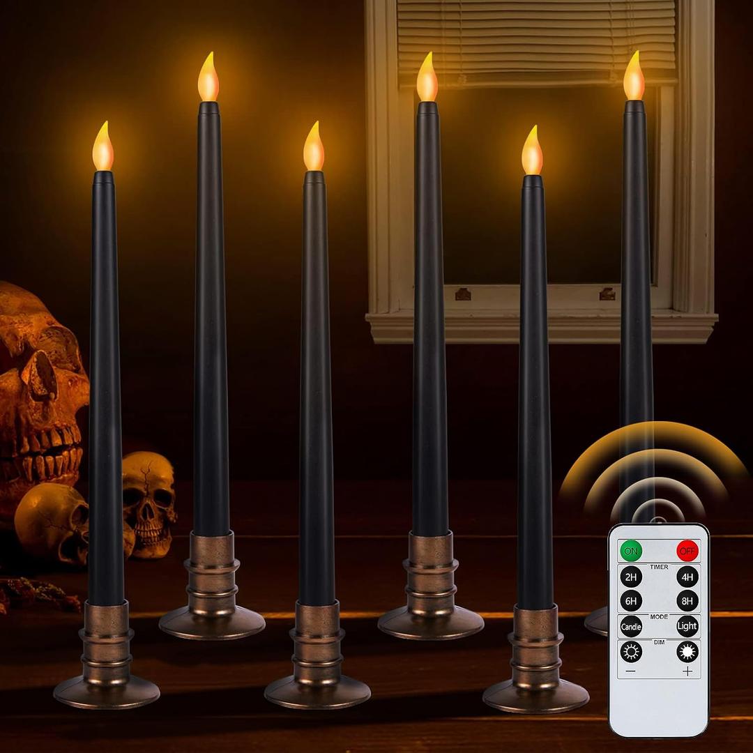 Alphatool 6 Packs Halloween Black LED Flameless Candles with Bases - Flicker Flame, Tall Taper Smokeless Dripless Candles, Decor for Fireplace Diningtable Bar School