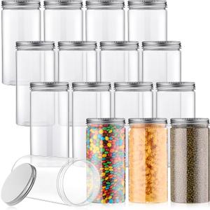 Dandat 16 Pcs Plastic Jars with Lids 30 oz Bottles Containers Plastic Mason Jars Canisters Cylinders Storage Kitchen and Household Organization Cup for Dry Goods, Spice, Honey(Silver)