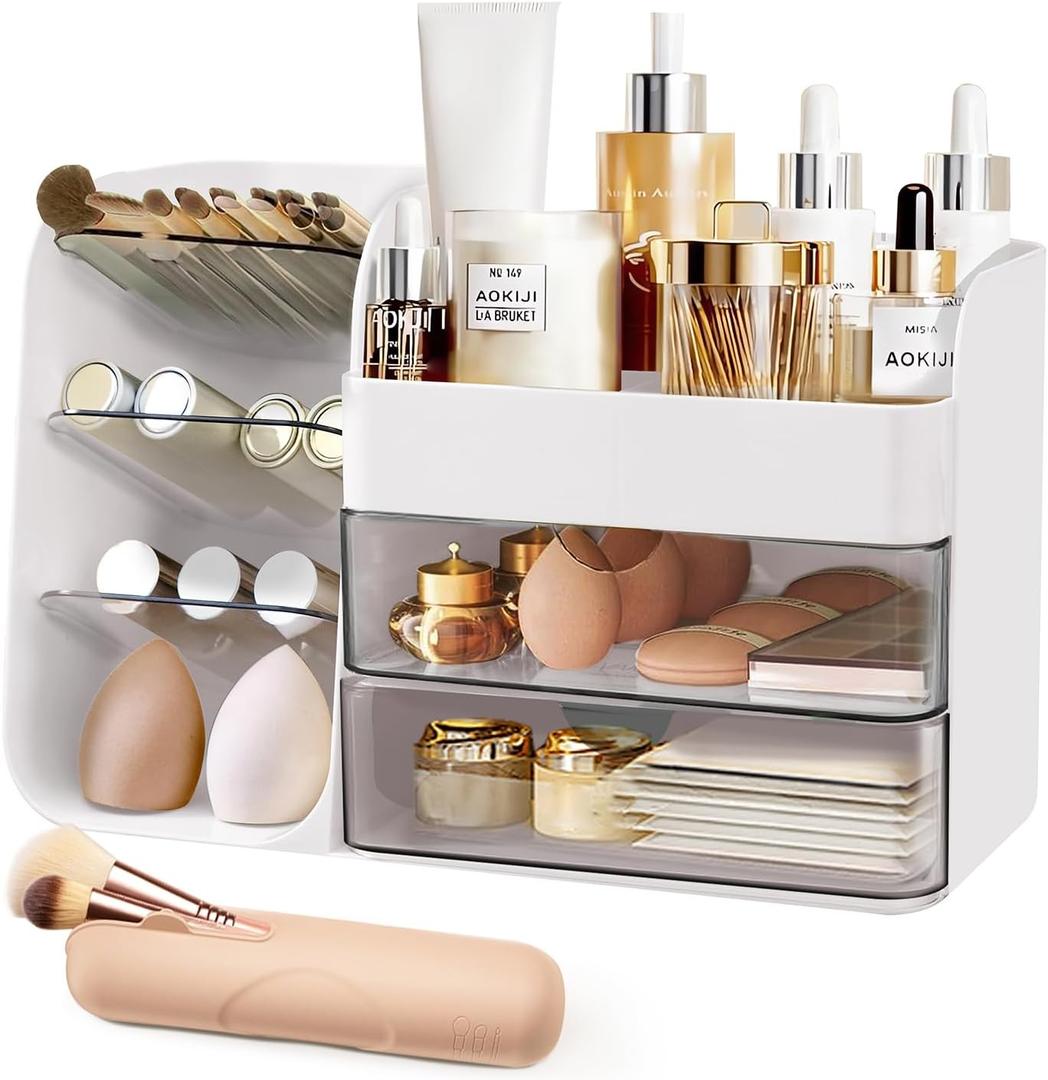 Makeup Organizer Countertop for Vanity, Cosmetic Organizer with Travel Makeup Brush Holder, Skincare Organizer & Storage with Drawers for Bathroom, Beauty Essentials, Eyeshadow, Lotions (White)