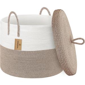 18" X18“ X 14" Large Storage Basket with Lid, Blanket Basket Living Room, Woven Cotton Rope Storage Box, Lidded Kids Dog Toy Bin, Wicker Laundry Basket, Blankets Pillows Organizer Holder