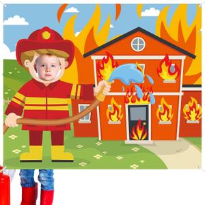 Fire Party Decorations Firefighter Photo Prop Selfie Frame Birthday Decorations Fireman Backdrop Firefighter Firetruck Photo Booth Props Hanging Banner for Kids Baby Shower Birthday Party Supplies