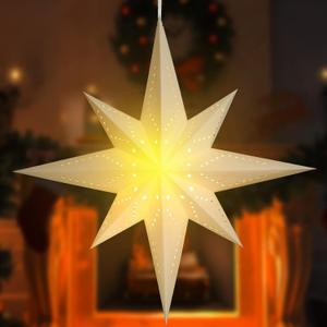 Tuanse 24 Inch Large Paper Bethlehem Star Lantern 3D Christmas Diwali 8 Pointed Hanging Decorations with LED String Lampshade Pendant Xmas Lamp Ornament for Wedding Birthday Party Holiday Decor(White)