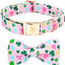 Elegant little tail St Patrick's Dog Collar, Lucky Colver Cotton Shamrock Pet Collar Trefoil Puppy Collar Bow Holiday Adjustable Cotton Pet Collar with Bow for Small Medium Large Dogs