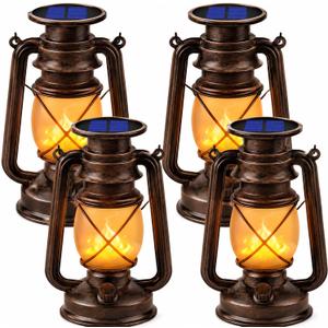 Marlrin Solar Lanterns Outdoor Waterproof 4 Pack LED Flickering Flame Light | Vintage Hanging Solar Lanterns Decorative Outdoor for Patio Garden Porch Decor Yard Pathway Camping Table Holiday Halloween