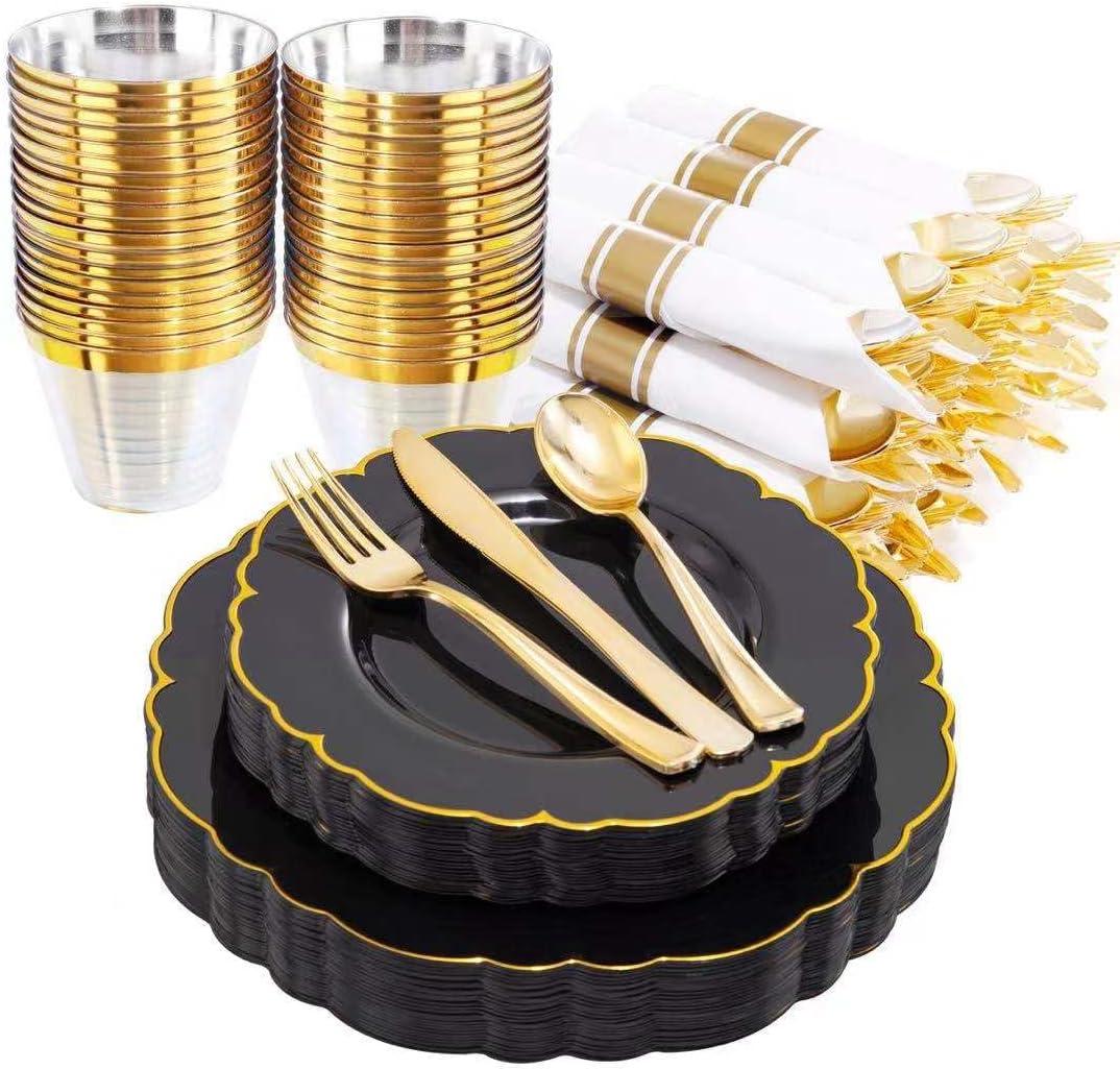 Morejoy 175PCS Black Gold Plastic Plates, Black Plates with Rolled Napkins: 50 Plates, 25 Spoons, 25 Forks, 25 Knives, 25 Cups for Wedding & Party & Birthday & New Year (175PCS, Black and Gold)