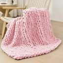 Bigacogo Chunky Knit Throw Blanket for Couch, 40x40 inches, 100% Hand Knitted with Thick Jumbo Chenille Yarn, Cozy Soft Large Rope Knot Cable Crochet Blankets for Sofa Bed Living Room, Blush Pink