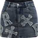 Floerns Women's Distressed Letter Embroidered Denim Skirt Casual Mini Pencil Jean Skirts Grey Blue Small