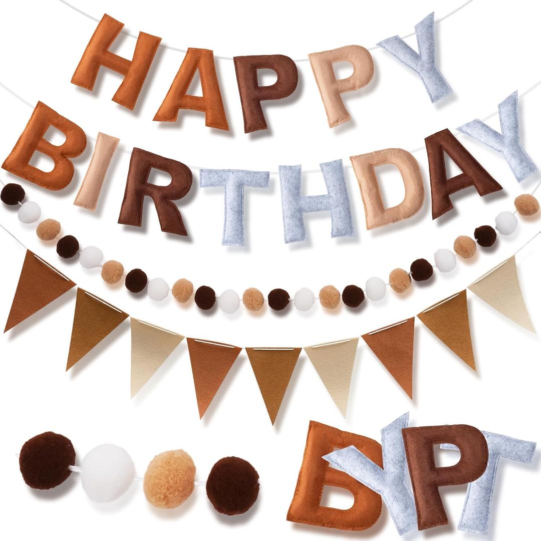 Neutral Felt Happy Birthday Banner, Pre-Strung Happy Birthday Sign with Pom Pom Garland & Reusable Pennant Streamers Banner Bunting for Bear Baby Shower